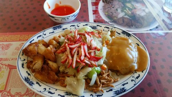 #1 Dinner Combination...egg foo young, pork chop suey, sweet & sour chicken (sauce on the side).