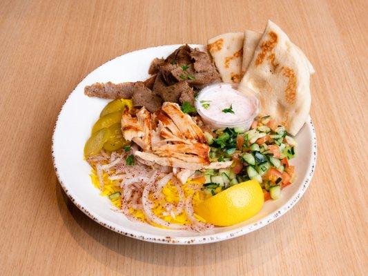 Rice Bowl with Chicken Shawarma and Gyros