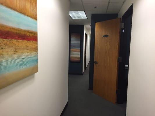 The hallway leading to the many focus group rooms