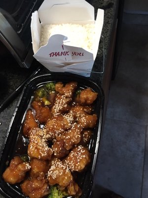 My yummy sesame chicken. We had already dipped into it a little bit prior to the picture. Generous portions!