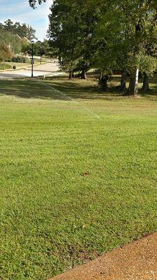 Water sprinkler won't pop up all the way from Deviney driving their equipment DOWN FENCELINE, THRU YARD AND OUT APPROX 2 FT FROM DRIVEWAY!