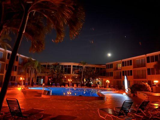 Pool area at night.