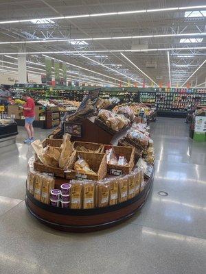 Baked breads near the deli meats and produce section