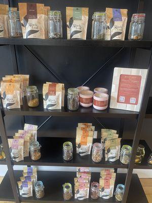 Their cute selection of tea and some small jars of honey