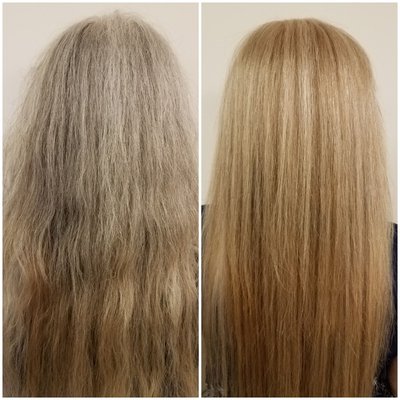 This lady was needing some pampering after having a rough year. We decided to cover up those grays and give her a soft blonde.