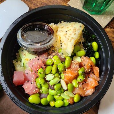 Poké bowl made with 2 scoops of protein (ahi tuna, and salmon).