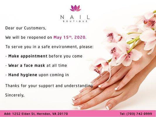 We will be reopened on May 15th, 2020.