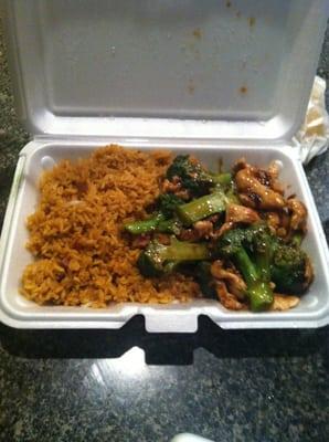 Chicken and broccoli in brown sauce with pork fried rice