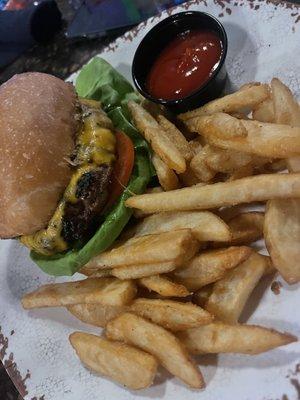 Cheddar burger and fries