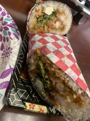 Create your own Sushirito- White Sushi rice, Shrimp Tempera, scallions, cream cheese, spring mix, jalapeños, spicy mayo and eel sauce.