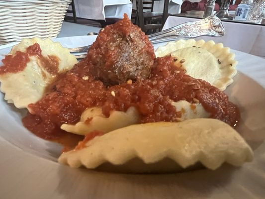 Kid portion Ravioli with meatball.