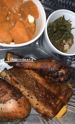 Smoked Ribs, Drumsticks, greens and candy yams