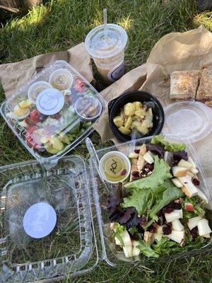 Cobb salad, apple pecan salad, turkey panini, German potato salad, iced coffee