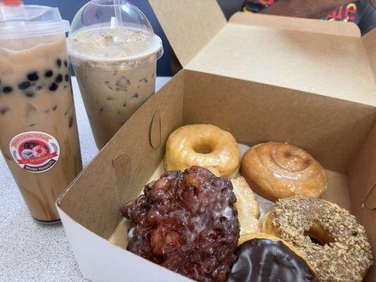 Maple walnut, strawberry fritter, cinnamon roll, sour cream, glaze, vanilla crème donuts  Milk tea boba, iced coffee