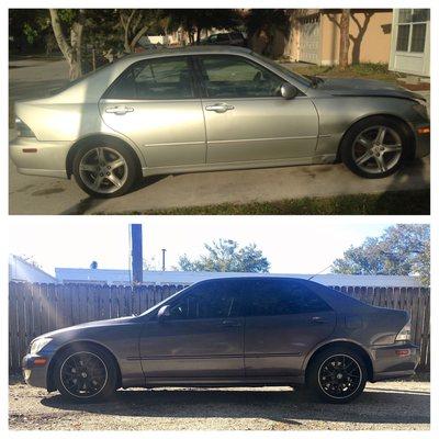 Before and after of my Lexus IS300 side view. Wheels from Wheel Tec and Tint job done by Thee Tint Shop