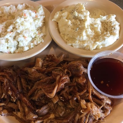 Chopped bbq plate 6.99 with two sides and hush puppies. Awesome deal.