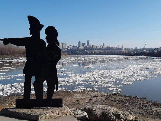 Confluence of Kansas river into Missouri river. January 2020 ice flows in the Missouri river.