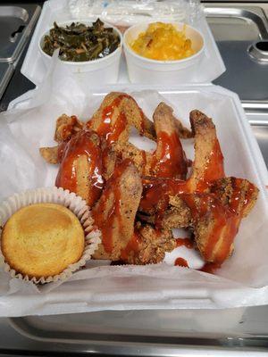 Fried Chicken Wings w/mild sauce & collard greens/w smoked turkey & cheesy Mac...