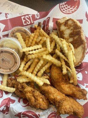 3 finger extra crispy fries and chicken. Toast buttered on both sides, extra sauce and a honey mustard