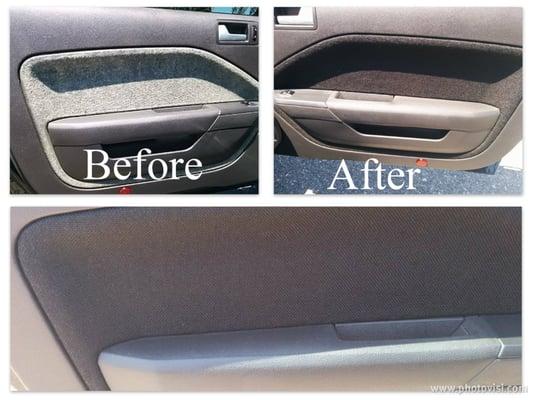 Before and after photos of the door panel repair, done by Grady's.