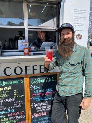 Brent Miller of Millers Mushrooms, modeling the Iced Hibiscus Berry herbal tea