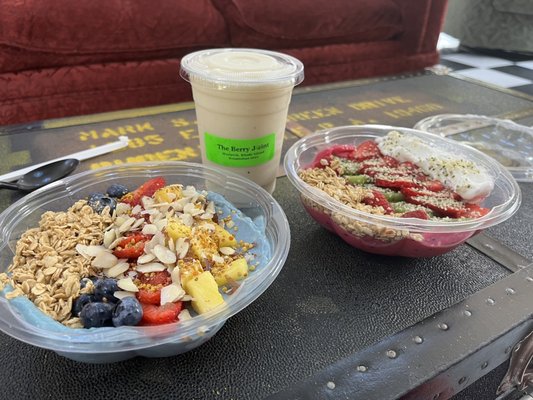 Blue Spirulina Bowl, Dragons Breath Pitaya Bowl, and Pina Colada Smoothie Small