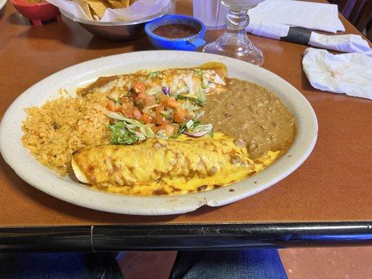 Fajita enchiladas (beef and chicken) beans an rice.