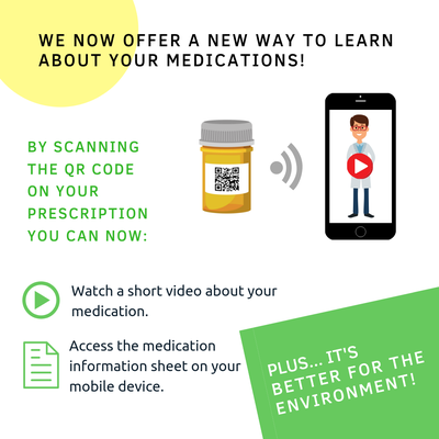 Infographic of 'Meds On Cue' service we offer. Eco-friendly alternative to print outs of medication information!