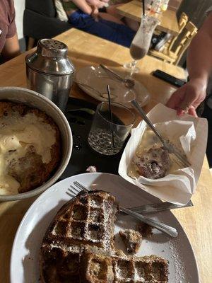 Waffle pizookie, churros sandwich