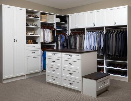 Large walk-in closet organizer with island