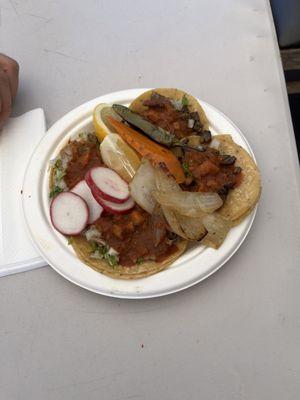 Left side of the plate are Carnitas tacos and the other half is Carne Asada