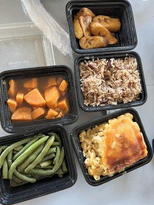 sides of green Steam String Beans without Bacon, Bake Mac N Cheese,  Candied Yams, Fried Plantain & rice and peas