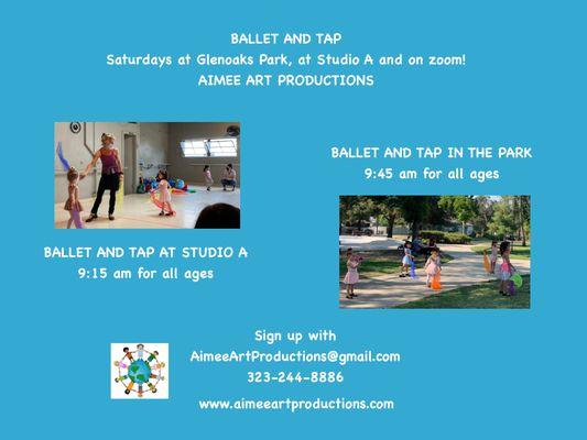 Join us for dance class Saturday mornings at 9:15 in Studio A and at 9:45 at Glenoaks Park. Go to www.aimeeartproductions.com to sign up.