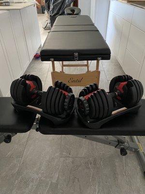 Massage table, adjustable bench, and Bowflex dumbbells bought from Nellis