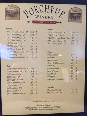 Wine and Mead menu