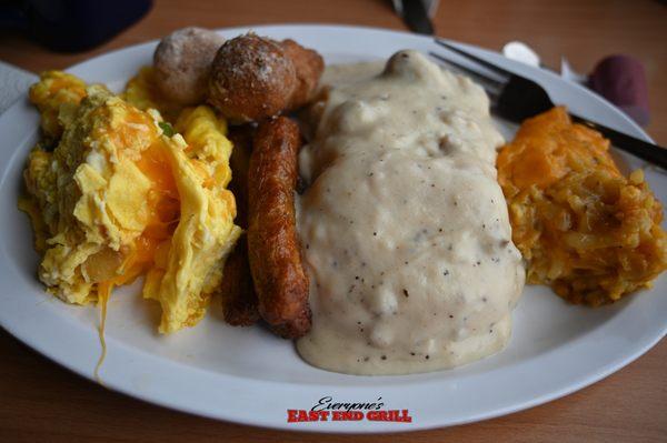 Sunday Brunch: Scrambled   eggs, sausage, Biscuits n Gravy,  hash brown casserole