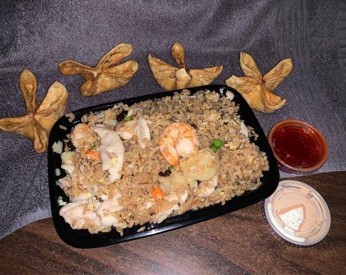 Hawaiian Fried Rice with Cream Cheese Crab Rangoons, Sweet & Sour Sauce, "Other Sauce" (delicious! But not sure what it was)