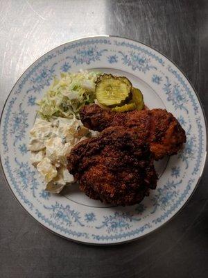 Nashville Hot Chicken, Potato Salad, Coleslaw, Pickles