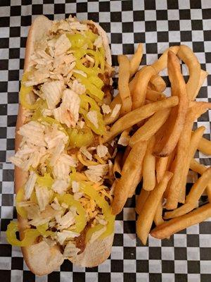 SIGNATURE DEPOT DOG
 Bacon wrapped hot dog, cheese, banana peppers,chili chip crumbles $10