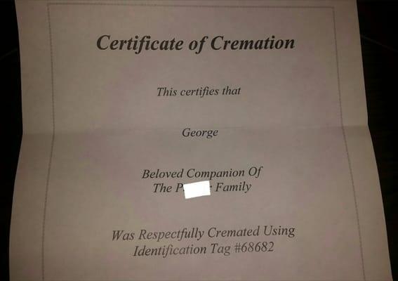 Certificate of Cremation