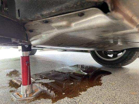 Oil puddle beneath car after oil change