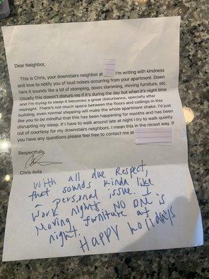 Letter to neighbor