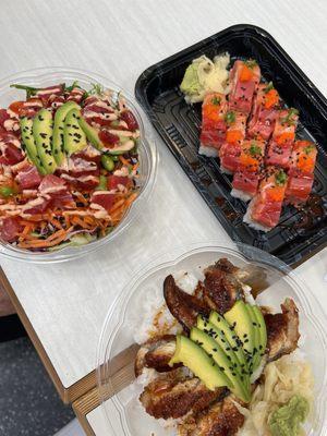 Spicy tuna poke bowl (L) , unagi don (R) and rolls.