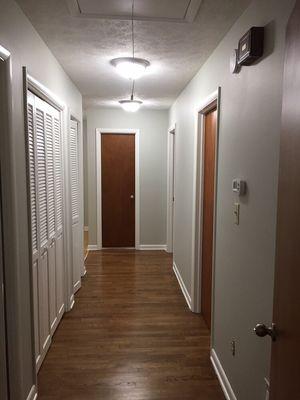 Hallway after priming and painting over nicotine damage