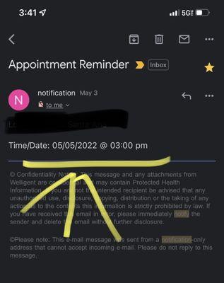 My appointment confirmation email I received on May 3 for my appointment on May 5.