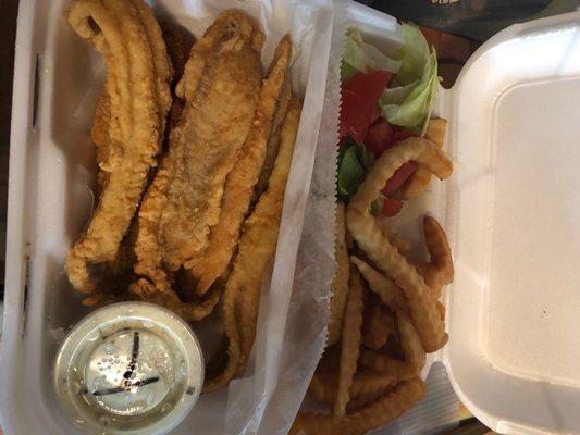 Fried catfish, fries and salad