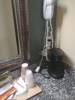 Coffee pot and hair blower avaiable in room. Didn't use or check for proper cleaning.