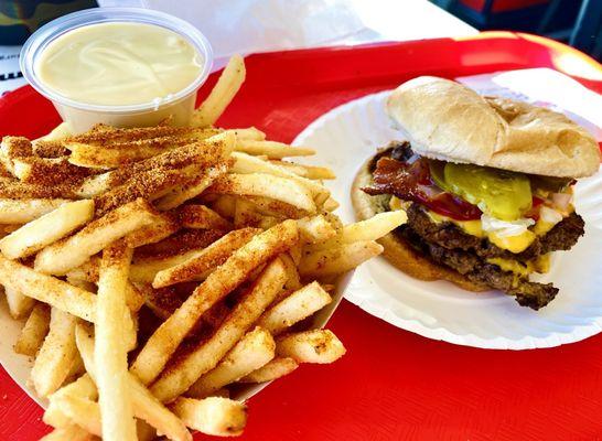 Bacon Zac's Double Burger with Cheese; Spicy Fries