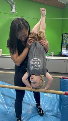 Working on his arm strength and headstand with Mrs. DenMari!