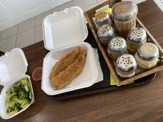 Fried Snapper & Broccoli. + all the seasonings they provide to spice up your sides.